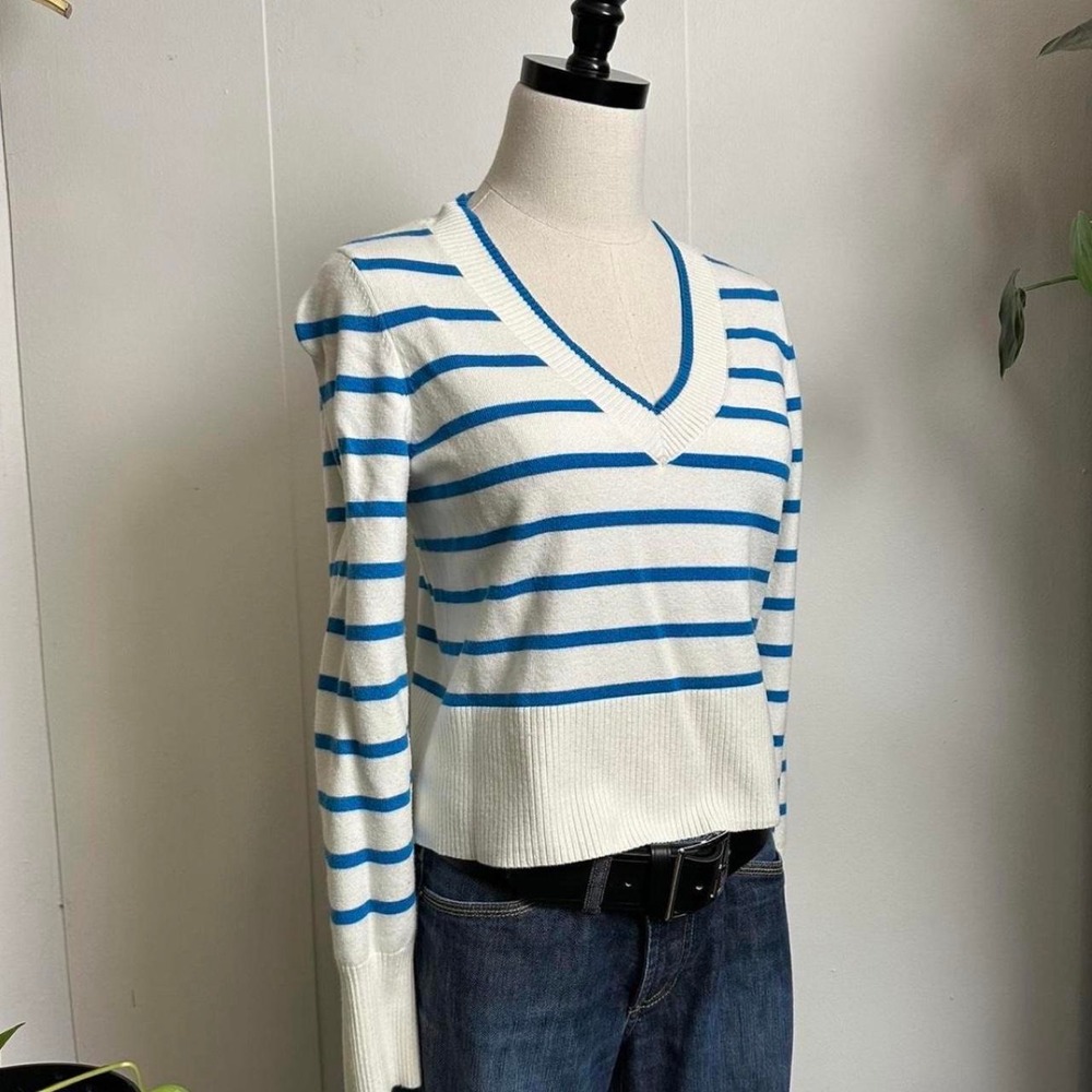 Marled Reunited Clothing Cream Blue Striped V-Neck Sweater Womens Small Preppy